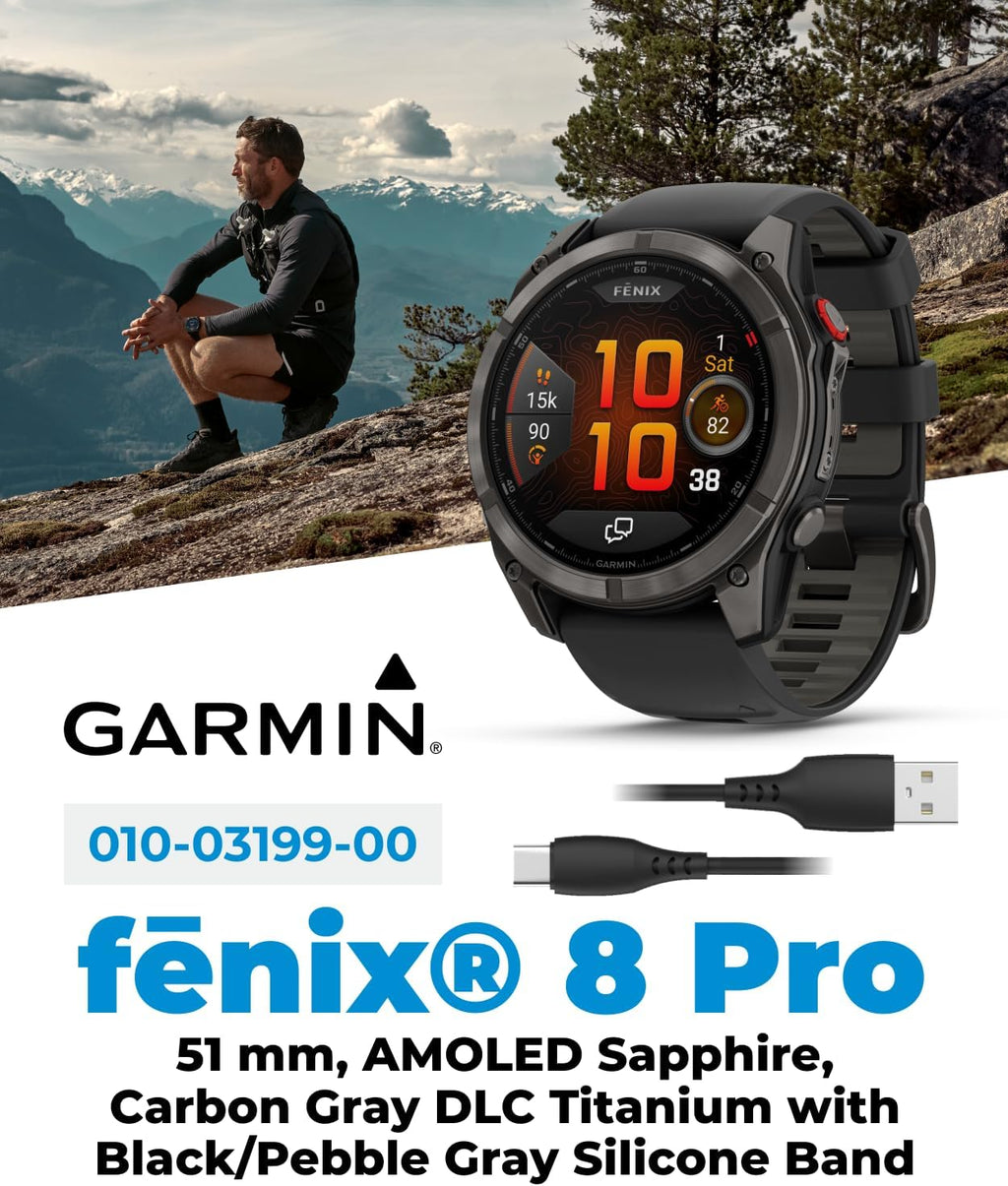 Garmin Fenix 8 Pro 51mm AMOLED Sapphire Premium Connected Multisport GPS Smartwatch, inReach Technology, Carbon Gray DLC Titanium w/Black Silicone Band with White Earbuds Bundle