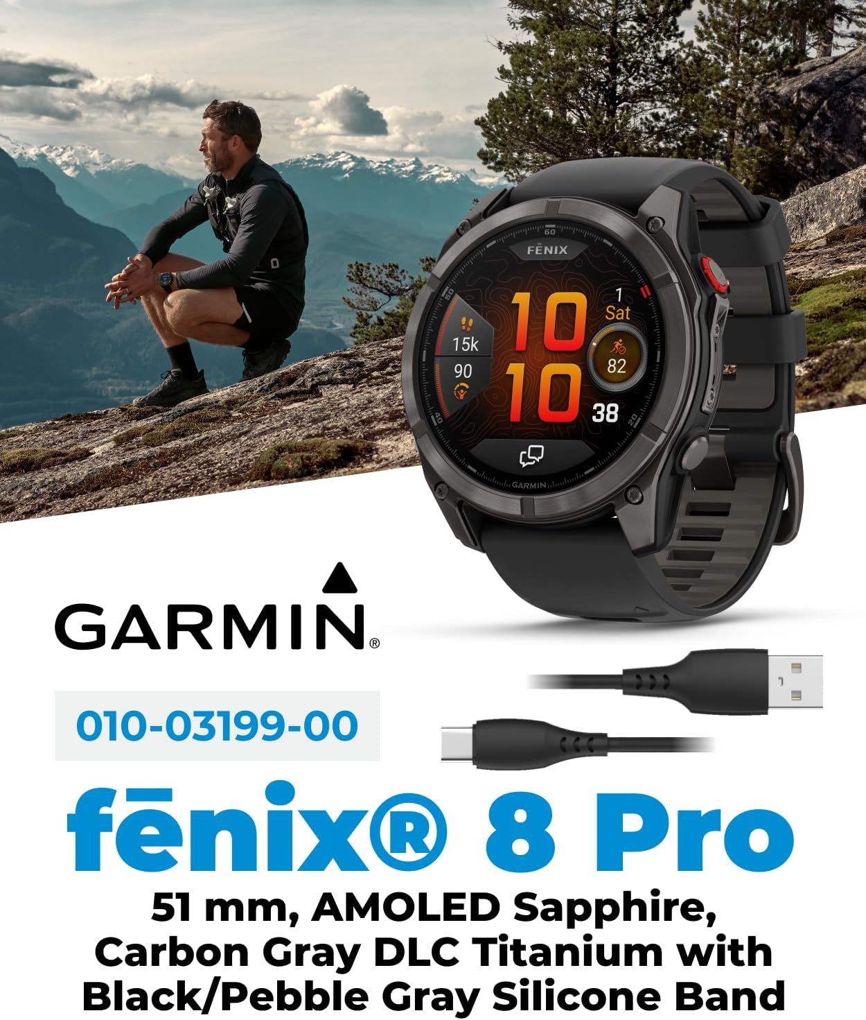Garmin Fenix 8 Pro 51mm AMOLED Sapphire Premium Connected Multisport GPS Smartwatch, inReach Technology, Carbon Gray DLC Titanium w/Black Silicone Band with White Earbuds Bundle