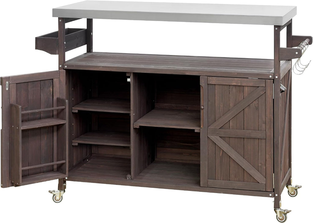 LUMISOL Outdoor Grill Cart with Stainless Steel Top, Farmhouse Rolling Bar Cart & Storage Cabinet with Spice & Towel Rack, Outdoor Solid Wood Kitchen Island with Internal Storage Rack, Dark Brown