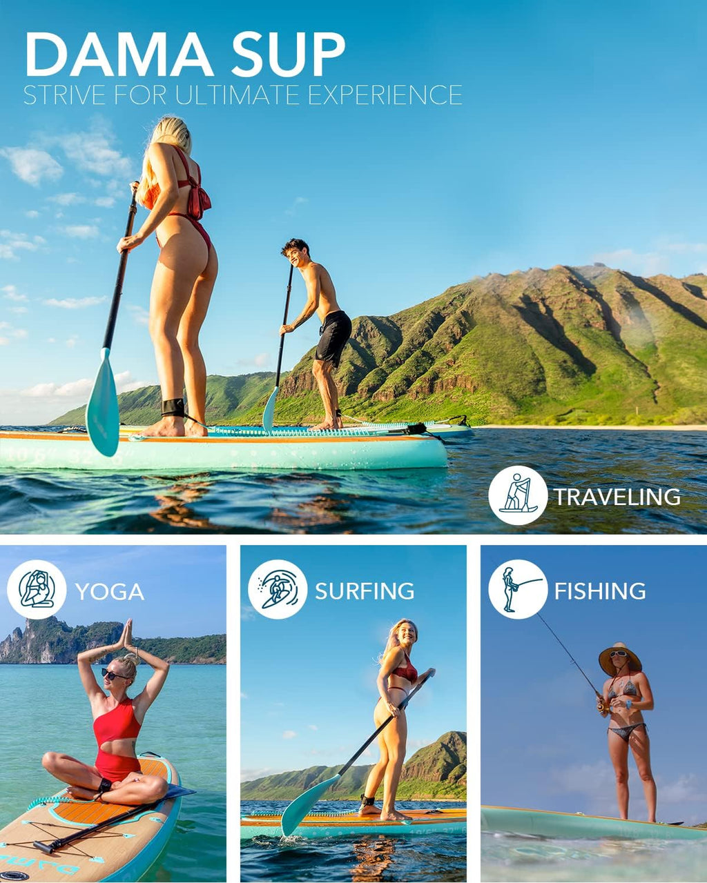 DAMA 9'6'/10'6'/11' Inflatable Stand Up Paddle Board, Yoga Board, Camera Seat, Floating Paddle, Hand Pump, Board Carrier, Waterproof Bag, Drop Stitch, Traveling Board for Surfing