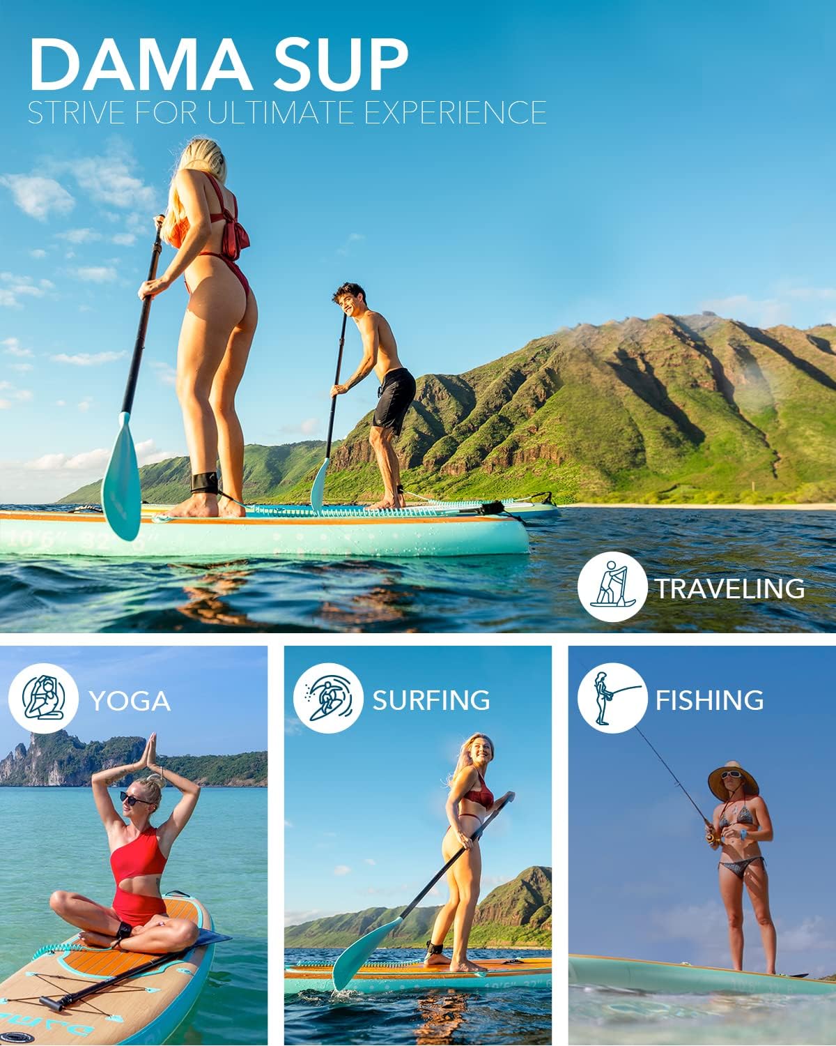 DAMA 9'6'/10'6'/11' Inflatable Stand Up Paddle Board, Yoga Board, Camera Seat, Floating Paddle, Hand Pump, Board Carrier, Waterproof Bag, Drop Stitch, Traveling Board for Surfing