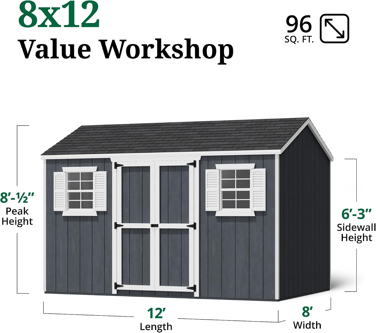 Little Cottage Co. 8x12 Value Workshop Shed with Operable Windows and Floor, Outdoor Wood Storage Do-It-Yourself Precut Kit
