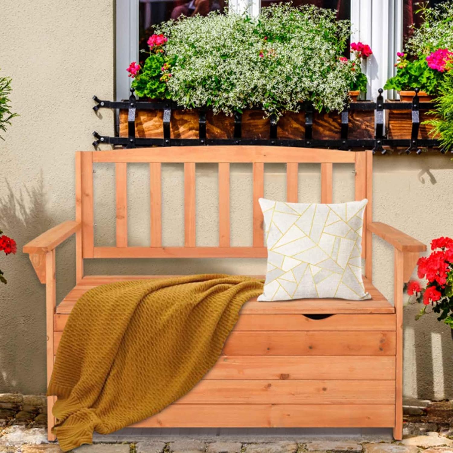 Cedar Wood Deck Box Bench, Storage Box with Backrest Armrest, All-Weather Yard Container Furniture for Tools, Toys, Outdoor Storage Bench Deck Box w/Seat for Backyard, Porch, Patio, Garden