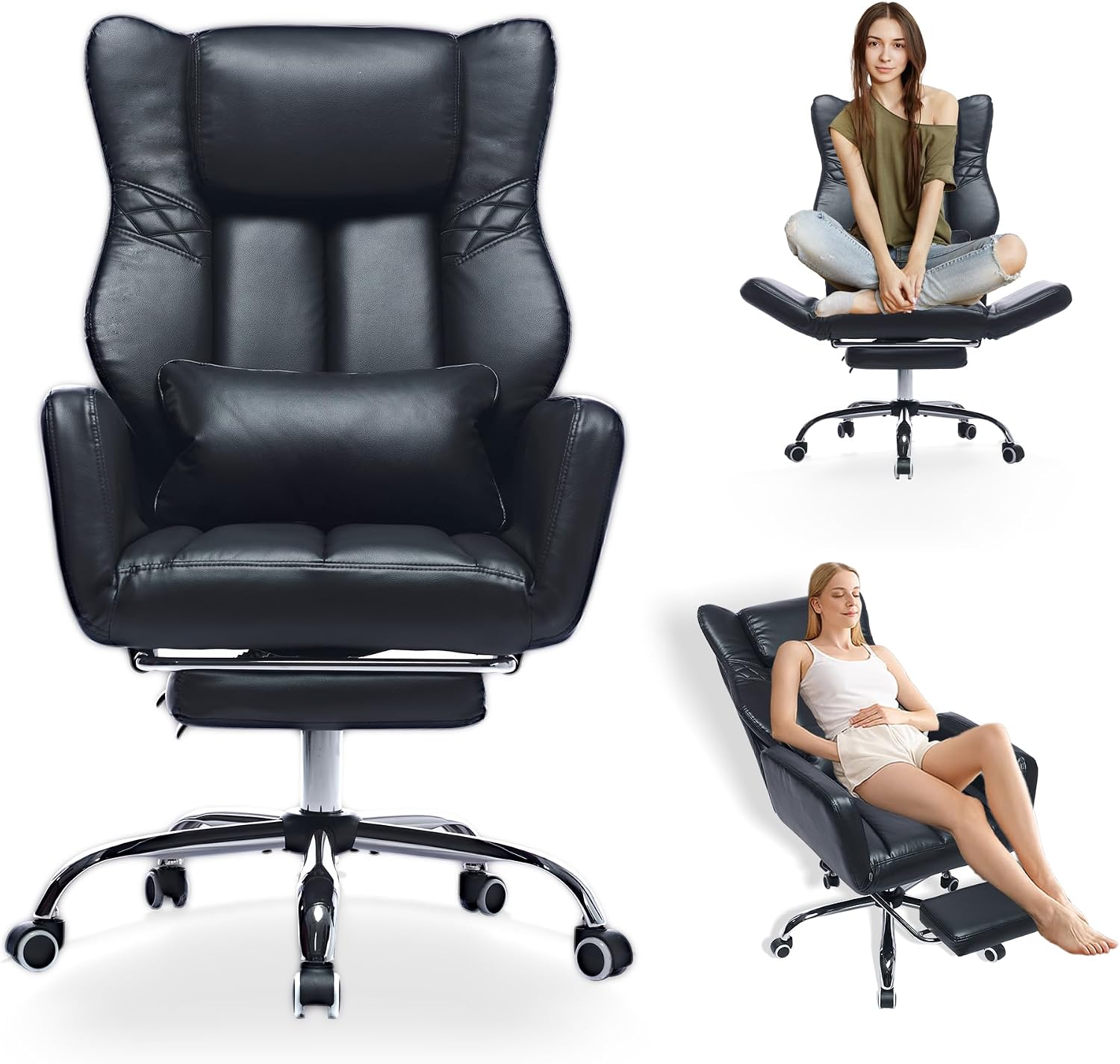 Criss Cross High Back Office Chair with Foot Rest, Ergonomic Cross Legged Desk Chair with Flip-up Armrest, Cozy Reclining 155°Swivel Chair for Home Office, Computer and Entertainment(Black)