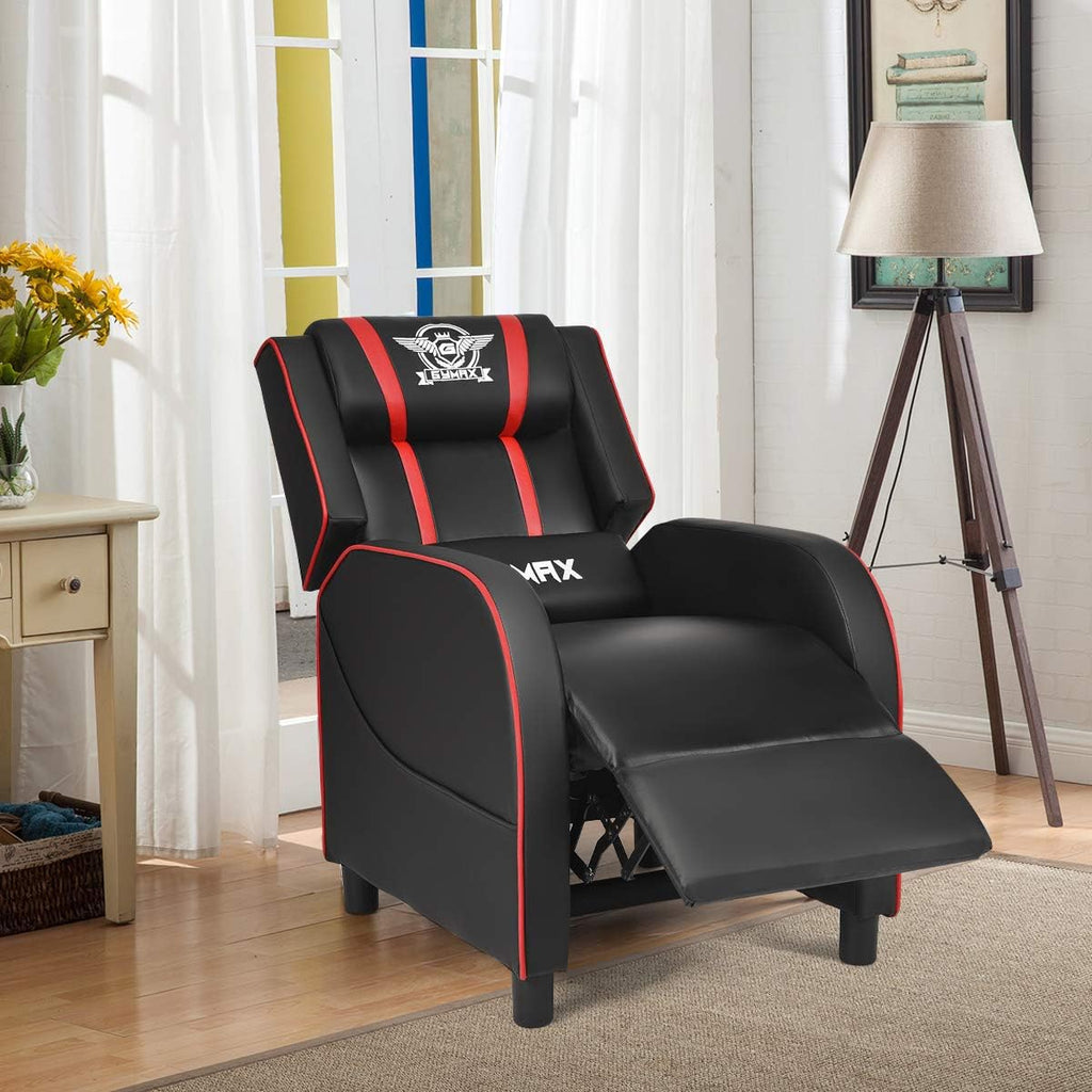 POWERSTONE Gaming Recliner Chair, Reclining Gaming Chairs for Adults Ergonomic Leather Sofa with Footrest Lumbar Support Headrest and Side Pouch for Living Room Home Theater, Red