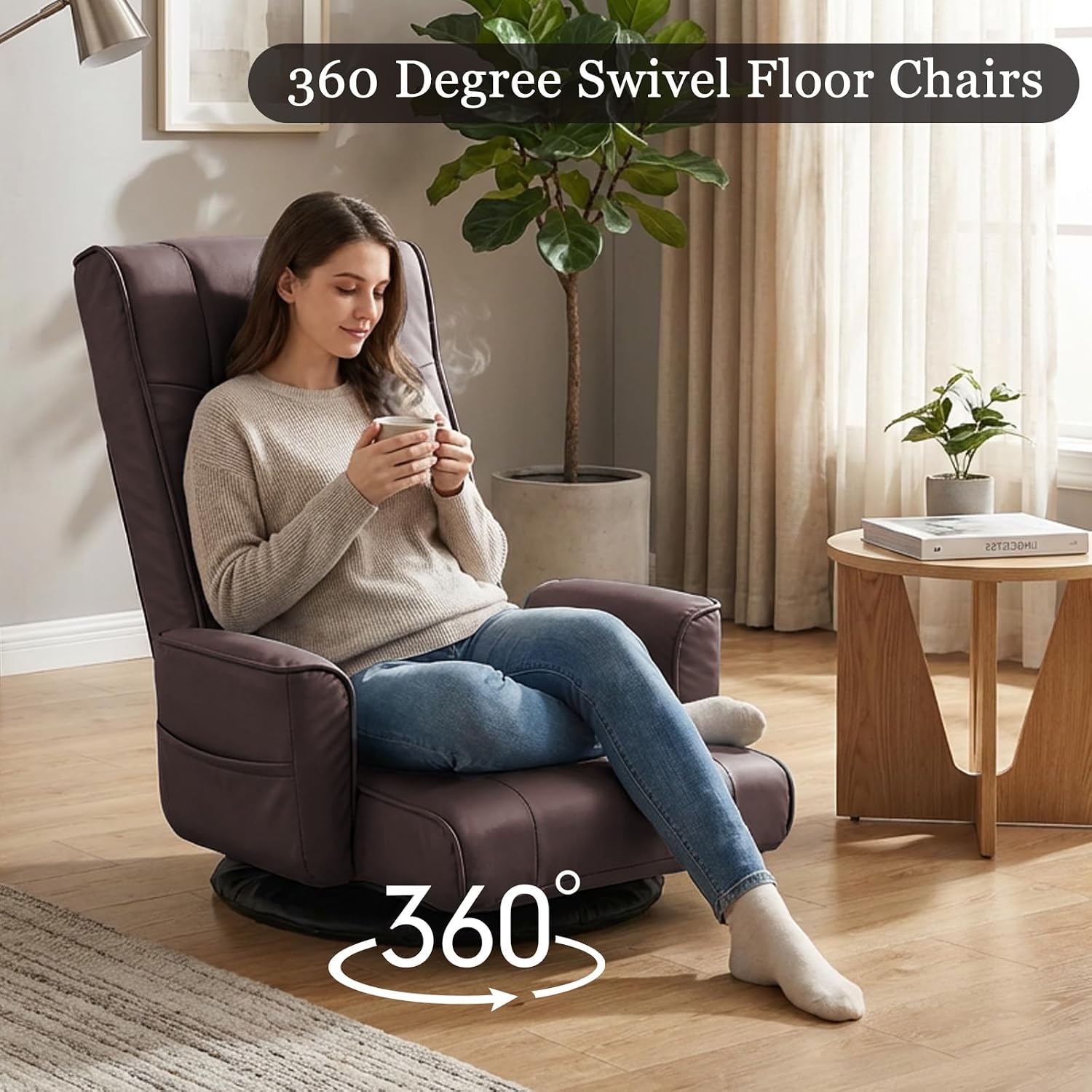 360° Swivel Floor Chair with Armrests, 14-Position Adjustable Floor Lounger for Adults, Folding Padded Floor Seat with Backrest for Gaming, Reading & Living Room (Brown)