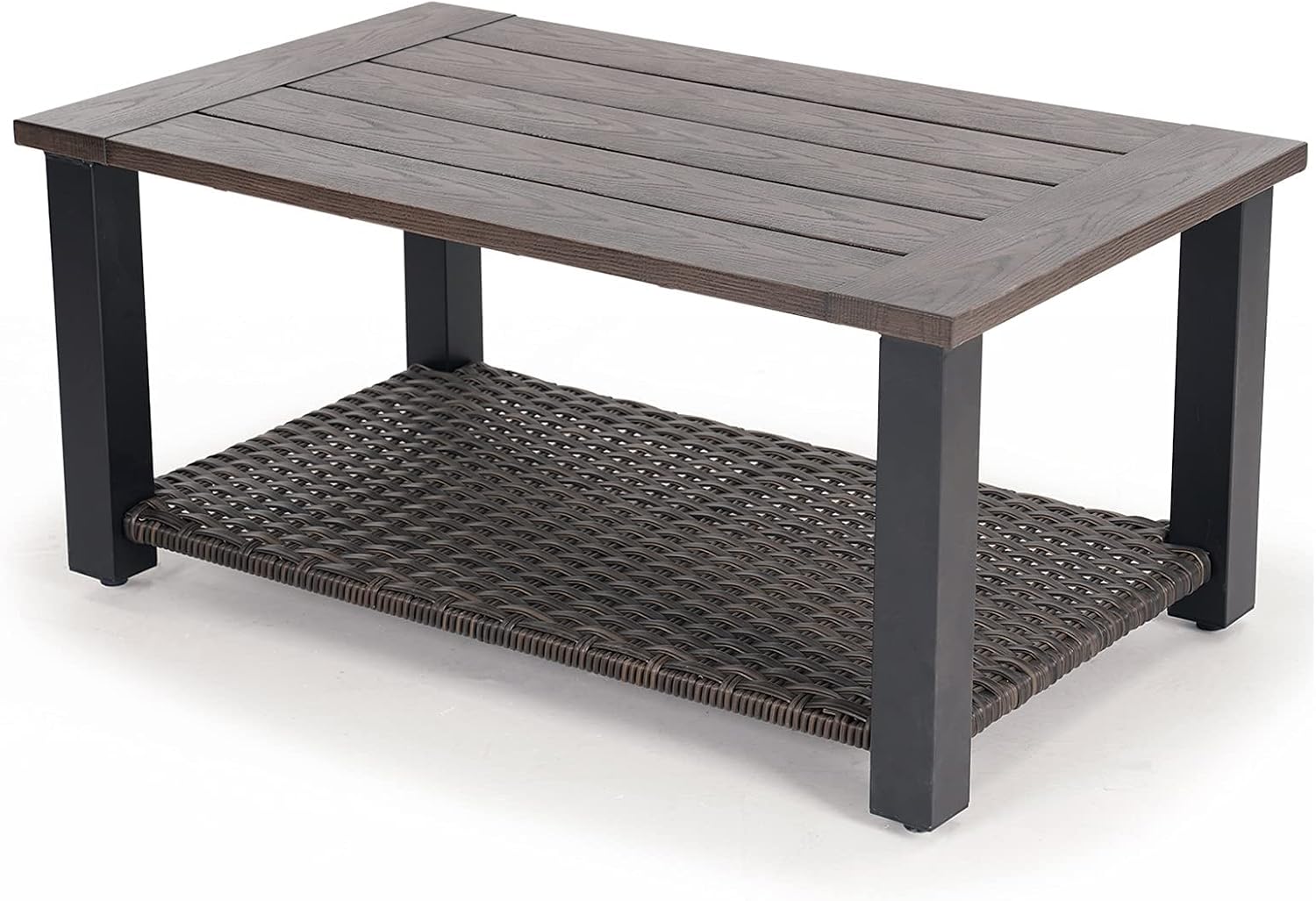 Grand patio Outdoor Coffee Table with Wicker Shelf Storage, 40-inch Rectangle Modern Patio Coffee Table with Faux Wood Tabletop, Fits with Outdoor Conversation Set