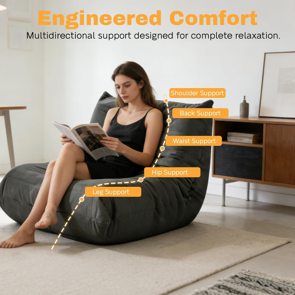 Giant Gaming Bean Bag Chair for Adults & Kids, Oversized Memory Foam Beanbag Couch Reading Chairs with Armless Design, Large Beanbag Sofa Floor Lounger Chair (Dark Gray, Single, Modern)