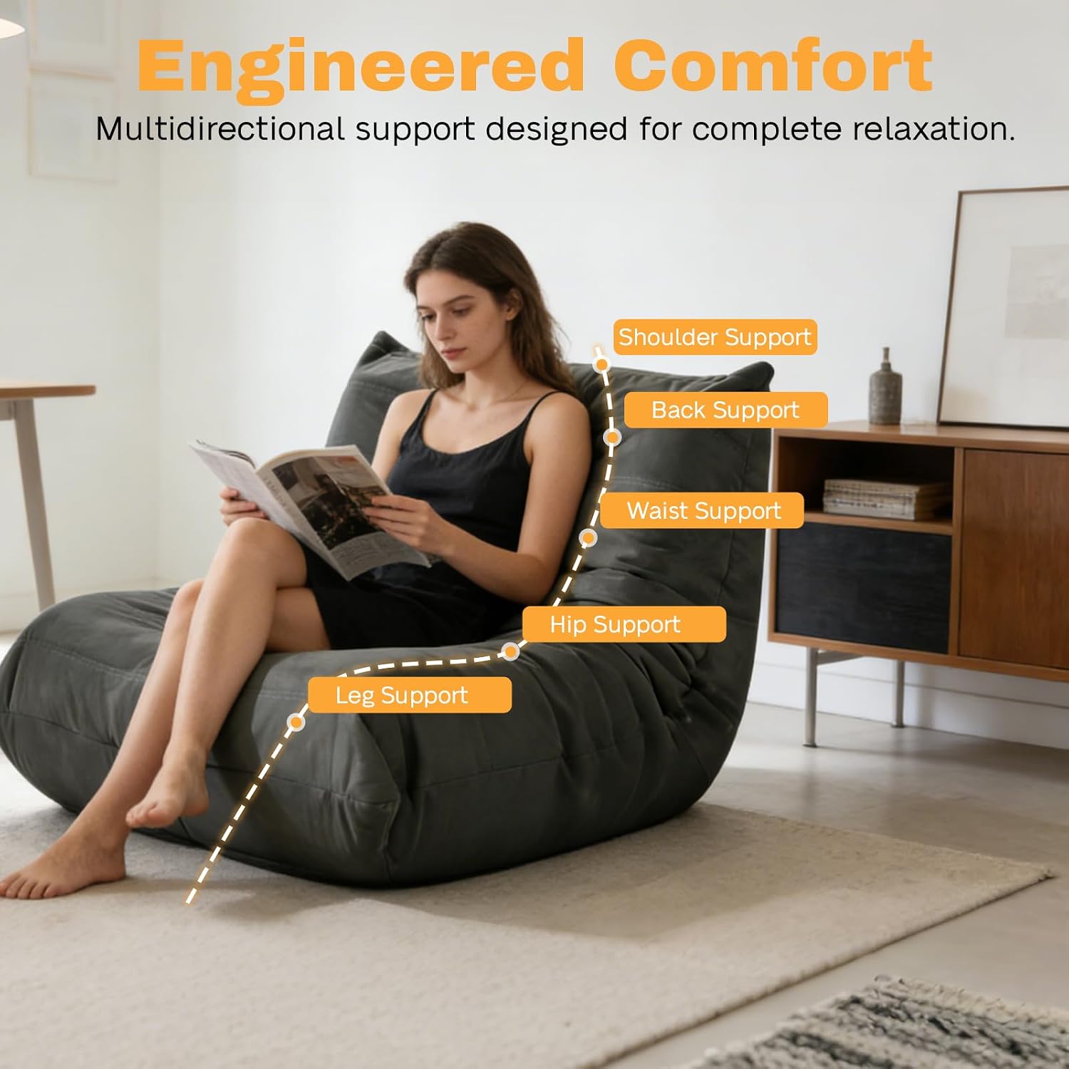Giant Gaming Bean Bag Chair for Adults & Kids, Oversized Memory Foam Beanbag Couch Reading Chairs with Armless Design, Large Beanbag Sofa Floor Lounger Chair (Dark Gray, Single, Modern)