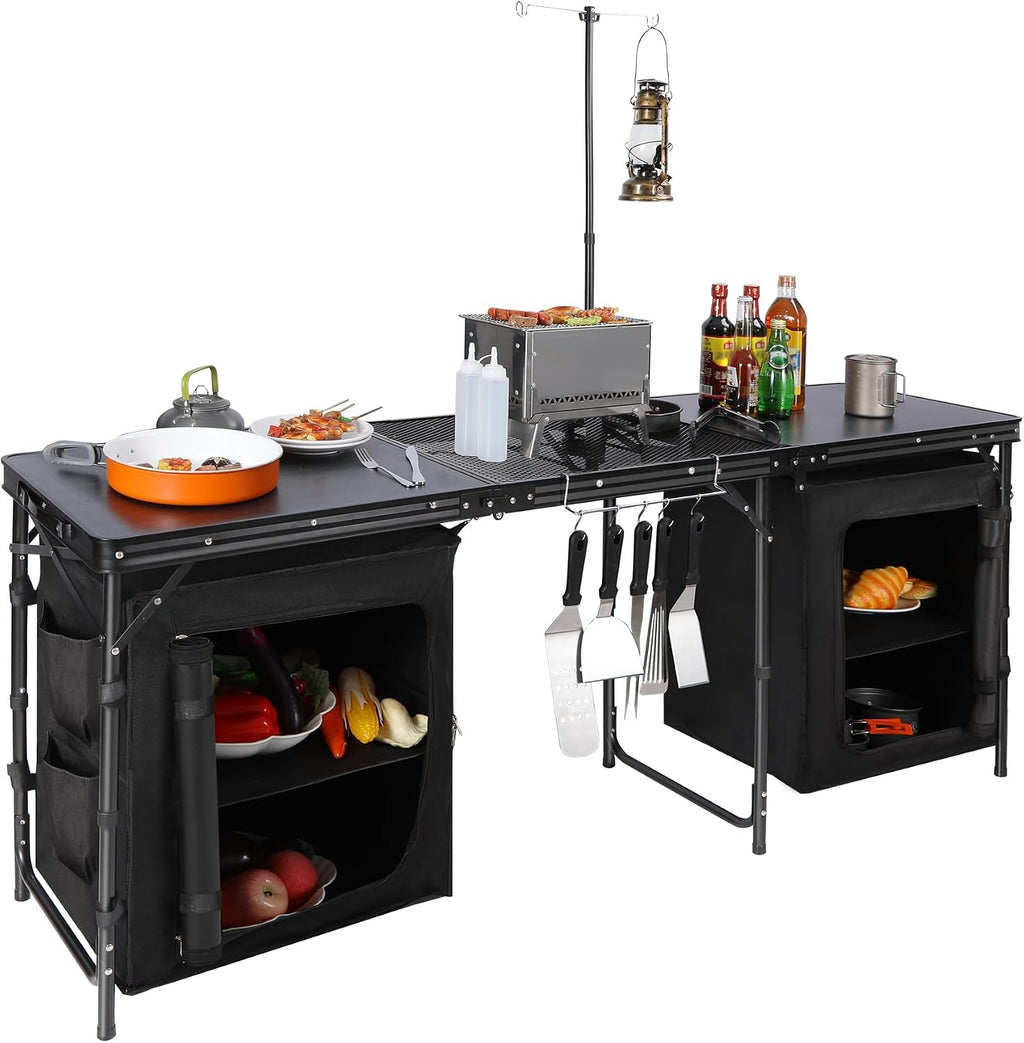 REDCAMP 6 ft Portable Camping Kitchen Table, Tri-fold Camping Grill Table Cook Station with Storage Organizer and Telescoping Light Stand for BBQ, Party and Picnic