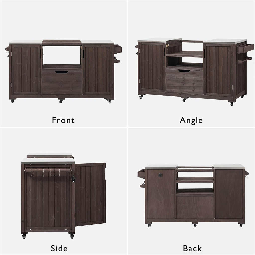 66.5' Large Outdoor Kitchen Island for Big Green Egg Grill, Outdoor Patio Bar Table with Stainless Steel Top and Adjustable Shelf, Rolling Grill Table Cart for Outside, Kitchen, BBQ, Dark Brown