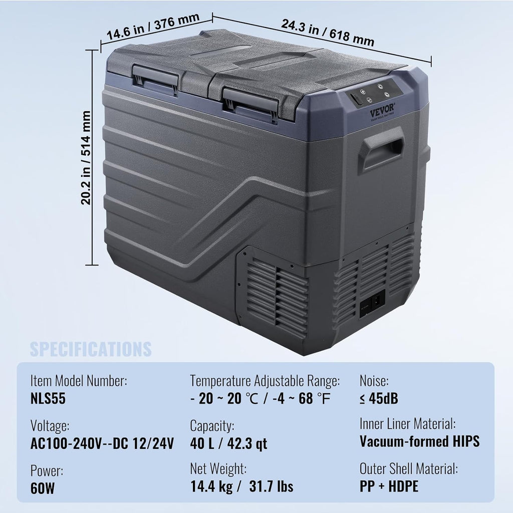 VEVOR Car Refrigerator, 12 Volt Car Refrigerator Fridge, 40 L Dual Zone Portable Freezer, -4℉-68℉ Adjustable Range, 12/24V DC and 100-240V AC Compressor Cooler for Outdoor, Camping, RV