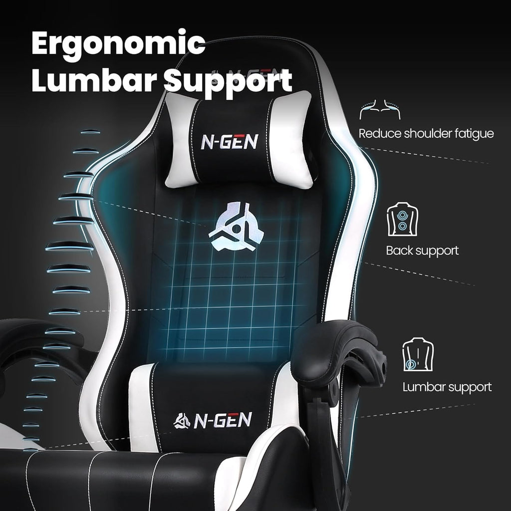 N-GEN GAMING Video Gaming Chair with Footrest Lumbar Support for Home Office High Back Recliner Height Adjustable Ergonomic Comfy Leather Computer Desk Chair (Leather White)
