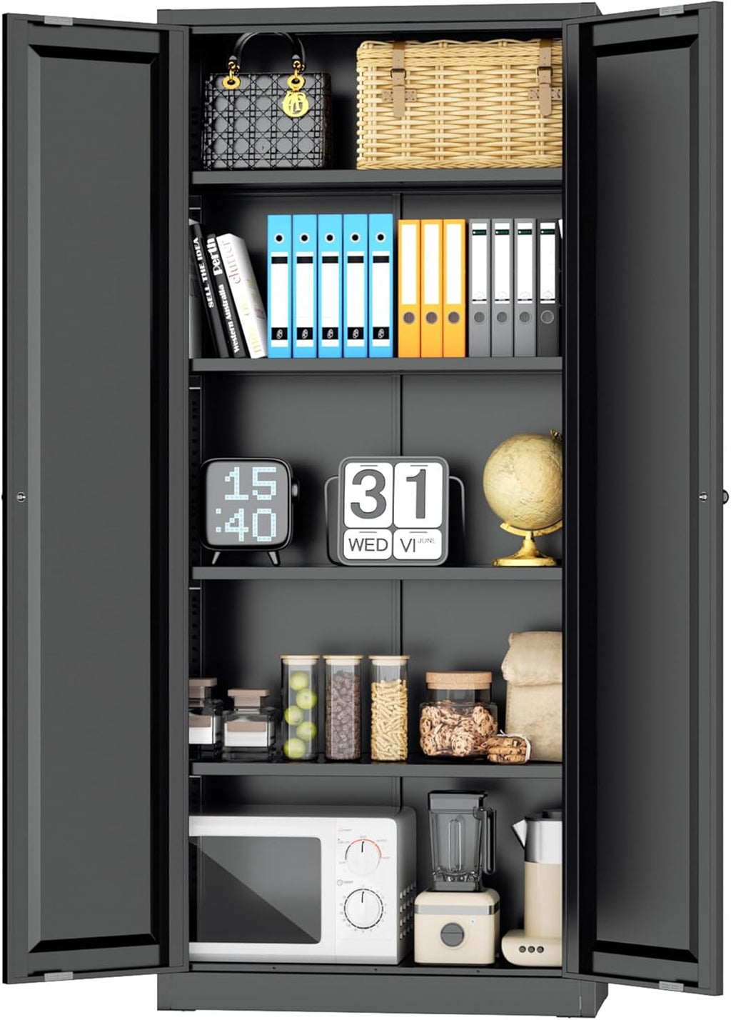 INTERGRAET Kitchen Pantry Cabinet, 63' Tall Metal Pantry Storage Cabinets with 2 Doors and 4 Shelves, Metal Storage Cabinet,Cupboard for Home,Kitchen,Living Room/Dining, Black