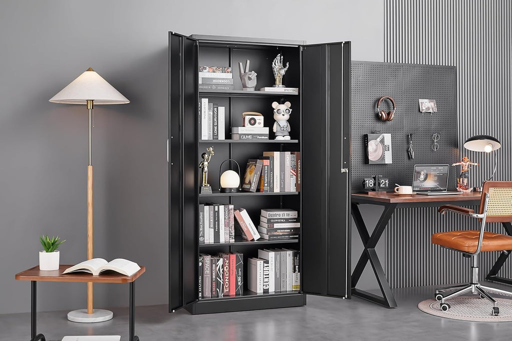 Guizeeopo Metal Storage Cabinet with Adjustable Shelves, Garage Storage Cabinets with Doors and Shelves, File Cabinets for Home Office, Kitchen Pantry Cabinet, 71'H, Black
