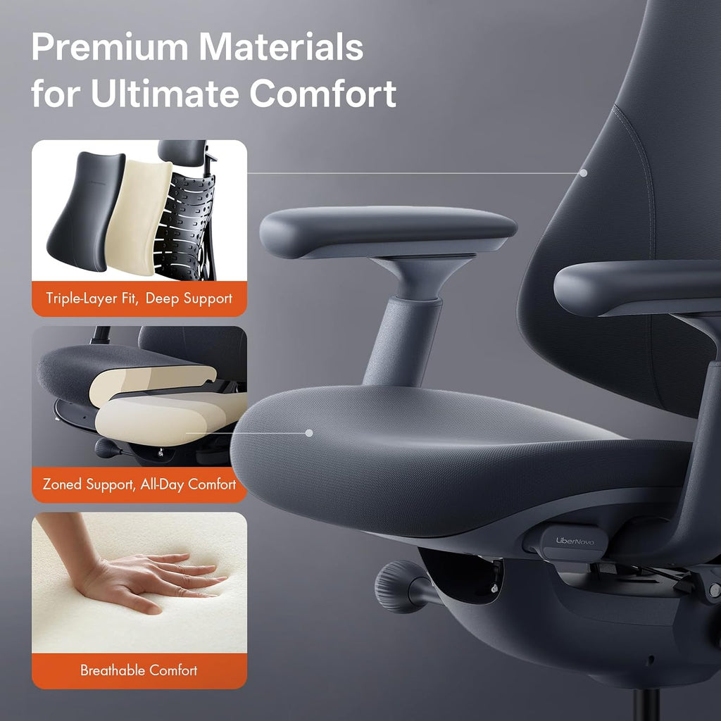 LiberNovo Dynamic Ergonomic Desk Chair + StepSync Footrest Bundle - Comfy Home Office Chair with Adaptive Lumbar Support, 160° Recline & Built-in Spine Stretch, Black+48cm
