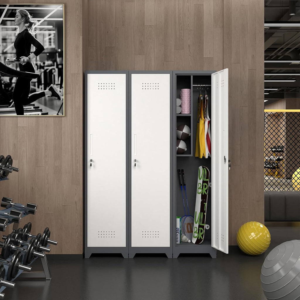 IRONFFICE Storage Cabinet,Slim Broom Closet Storage Cabinets with Lockable Doors,Narrow Utility Cabinets with Hanging Rod,Tall Broom Closet for Laundry,Home Office,Grey-White