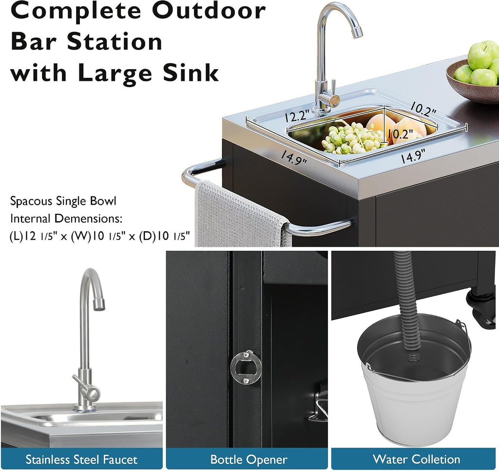 Outdoor Kitchen Island with Sink - 304 Stainless Steel Grill Cart, Locking Wheels, Spice Rack & Storage Cabinets | All-Weather Design for BBQ Prep, Patio, Poolside (Outdoor Island Cart with Sink)
