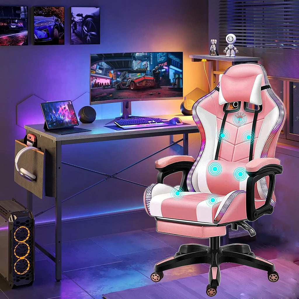LED Gaming Chair with Speakers, Massage Computer Chair Ergonomic Racing Office Chair PU Leather Recliner Swivel Gamer Chair with Lumbar Support Headrest Armrest and Footrest,Pink