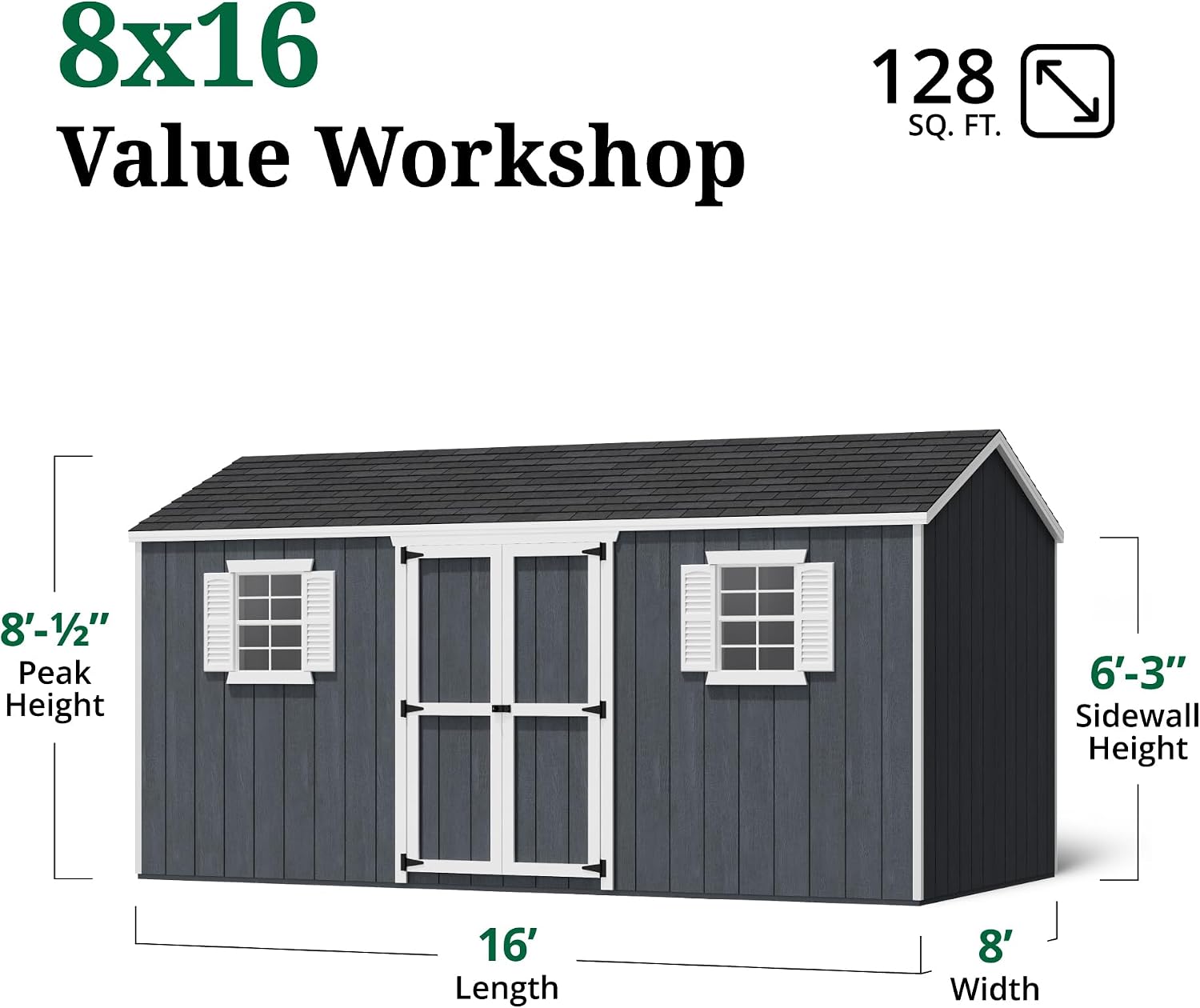 Little Cottage Co. 8x16 Value Workshop Shed with Operable Windows and Floor, Outdoor Wood Storage Do-It-Yourself Precut Kit