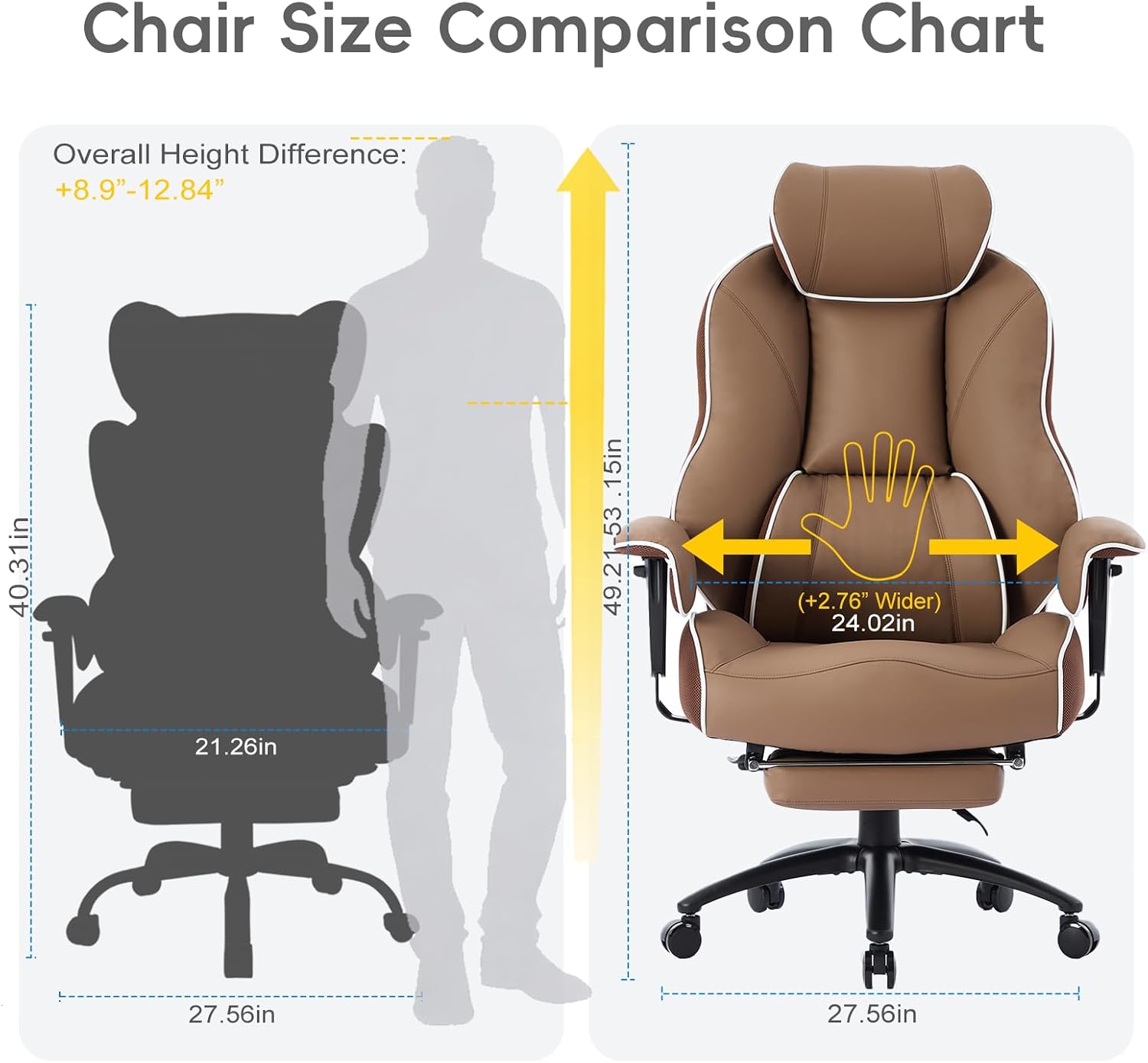 DJ·Wang Big and Tall Office Chair with Foot Rest, High Back Executive Office Chair PU Leather, Ergonomic Chairs with Lumbar Support, 135° Reclining Chairs with Thickened Spring Cushion Brown