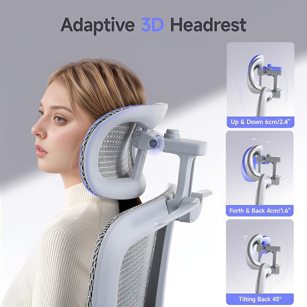 Office Chair with Footrest, Ergonomic Chair with 3D Headrest, Computer Chair with Adjustable Backrest & 3D Armrest, Gaming Chair with Adaptive Lumbar Support, Mesh Backrest & Cushion, Grey