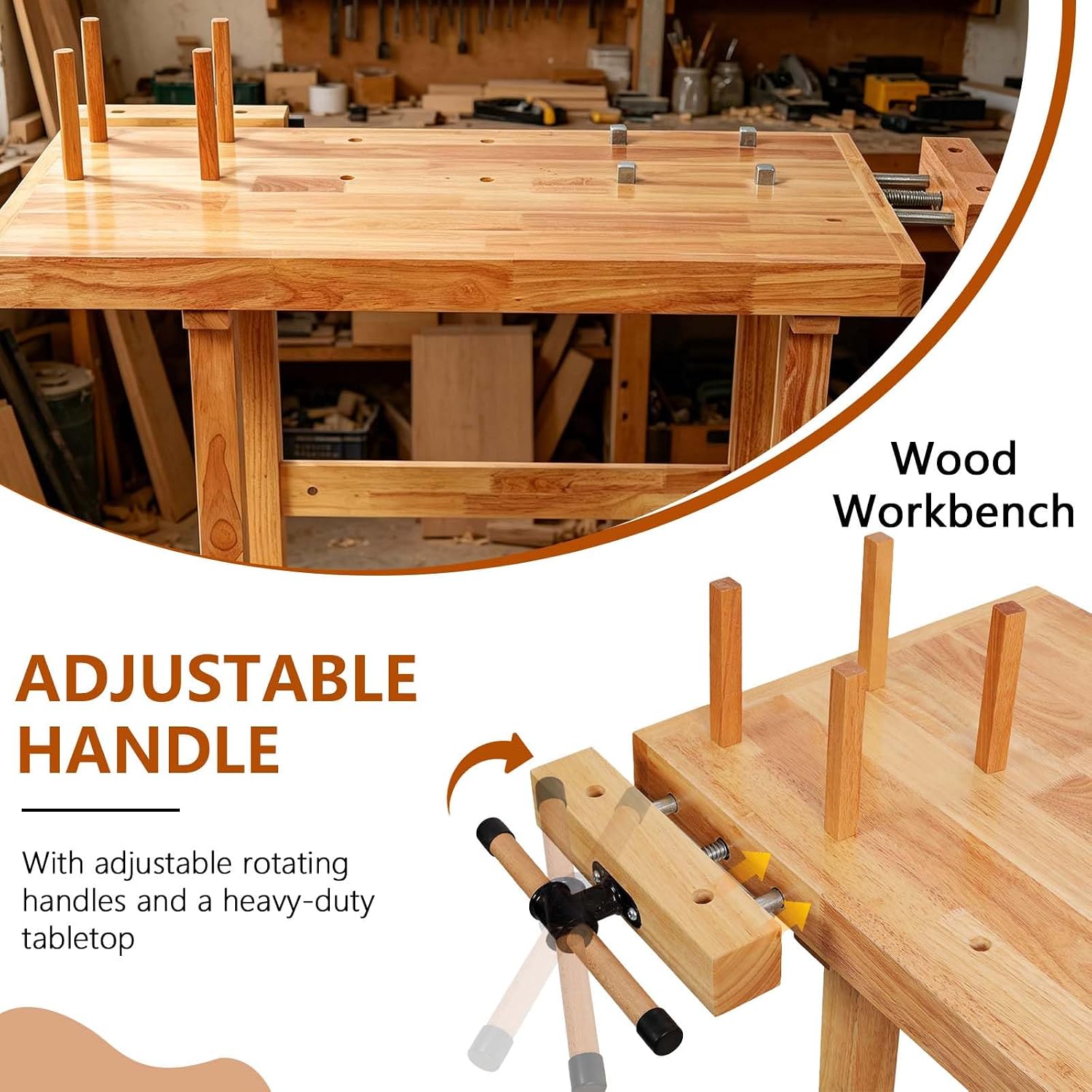 40' Rubber Wood Workbench, Heavy Duty Work Bench with Adjustable Handle, Work Bench Table for Garage, Workshop, Home Storage, Woodworking Bench, 330 lbs Weight Capacity (40')