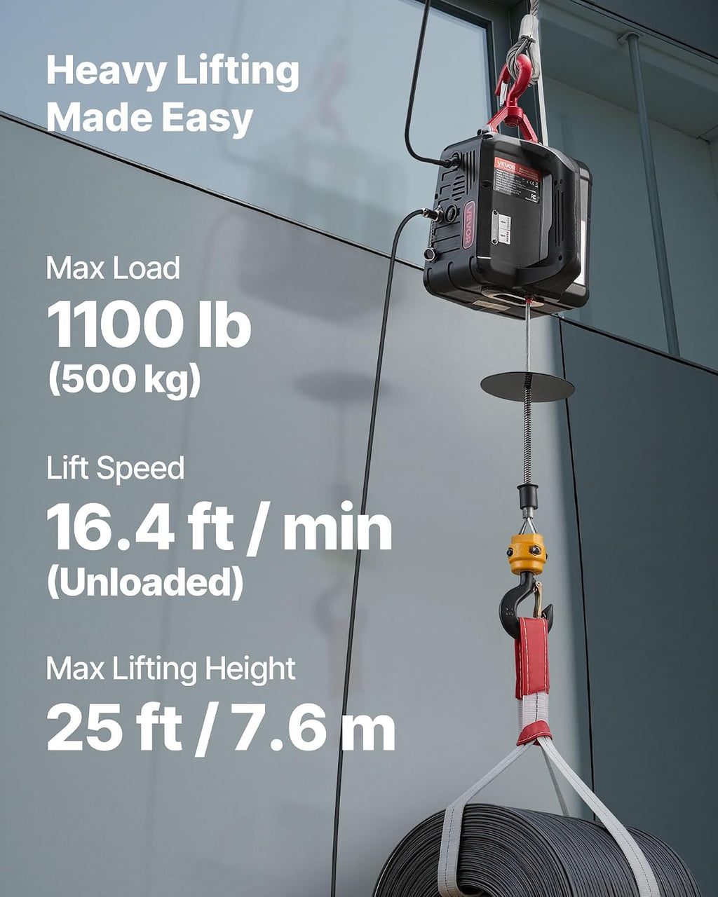 VEVOR 2-in-1 Electric Hoist Winch, 1100 lbs Capacity, 1500W Portable Power Winch Crane, 25 ft Lifting Height, 16.4 ft/min with Manual and Wired Remote Control for Factory, Warehouss, Garage