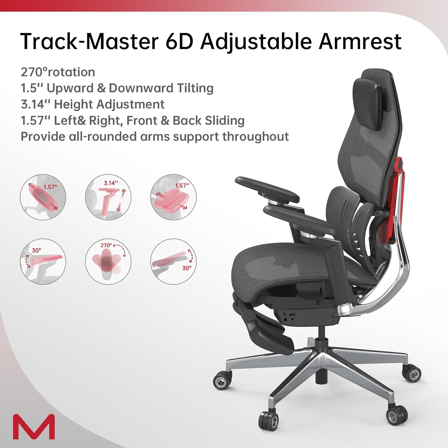 ES2T Computer Desk Gaming Chair with 2-Piece Protrusion Adjustable Lumbar Support Trackmaster 6D Armrest Height Adjustable with 2D Leather Headrest 136° Tilt for Office and Gaming