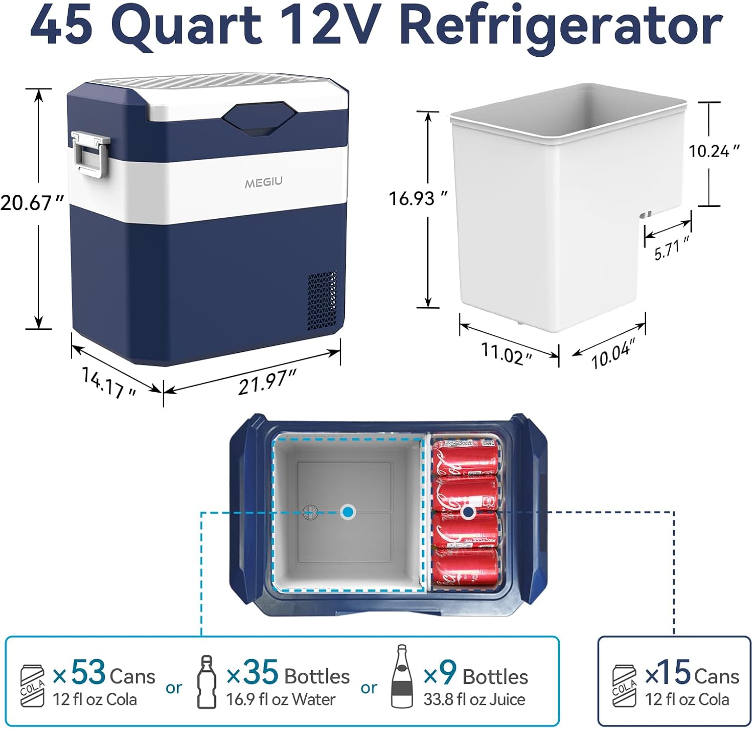 Megiu 12 Volt Refrigerator Car Fridge Portable 12V 45 Quart Freezer Compressor Cooler 12V/24V DC 110～240 V AC for Truck Van RV Camper SUV and Home Use