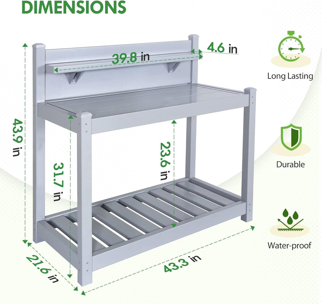 EAGLE PEAK Potting Bench, Weatherproof Vinyl Potting Table for Outdoor & Indoor Use, Easy Clean Garden Workstation with Storage Shelves, Gray, 40'