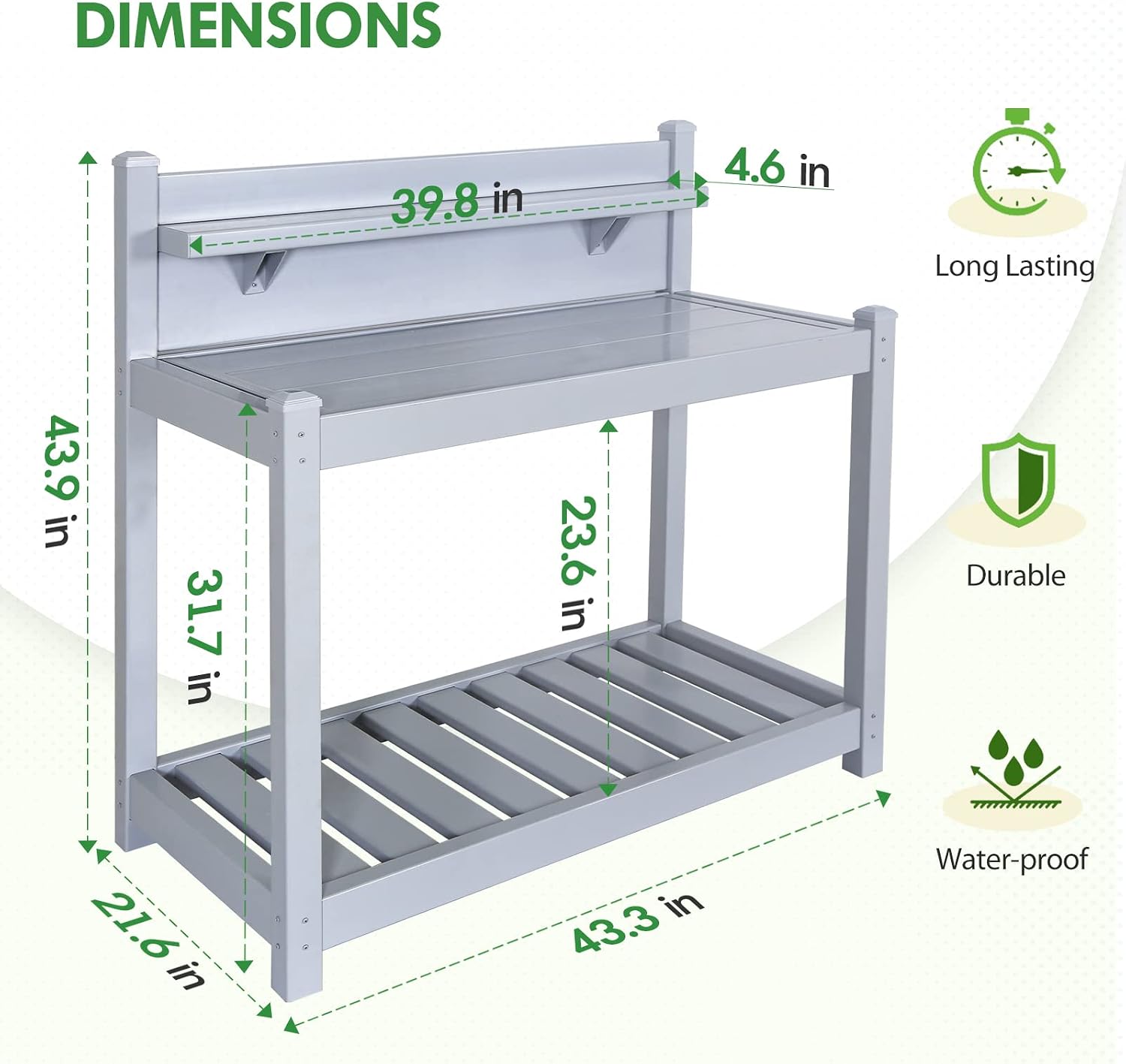 EAGLE PEAK Potting Bench, Weatherproof Vinyl Potting Table for Outdoor & Indoor Use, Easy Clean Garden Workstation with Storage Shelves, Gray, 40'