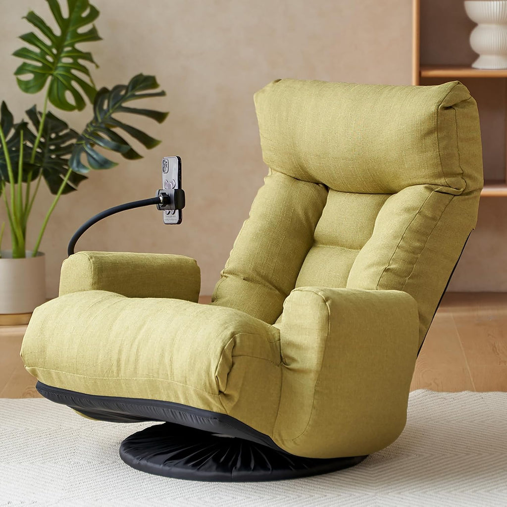 Floor Chair with Back Support, Swivel Gaming Chair with 5 Adjustable Position, Meditation Chair with Phone Holder, Linen Indoor Lounge Chair for Lazy Boys, Living Room, Bedroom, Lounge, Green