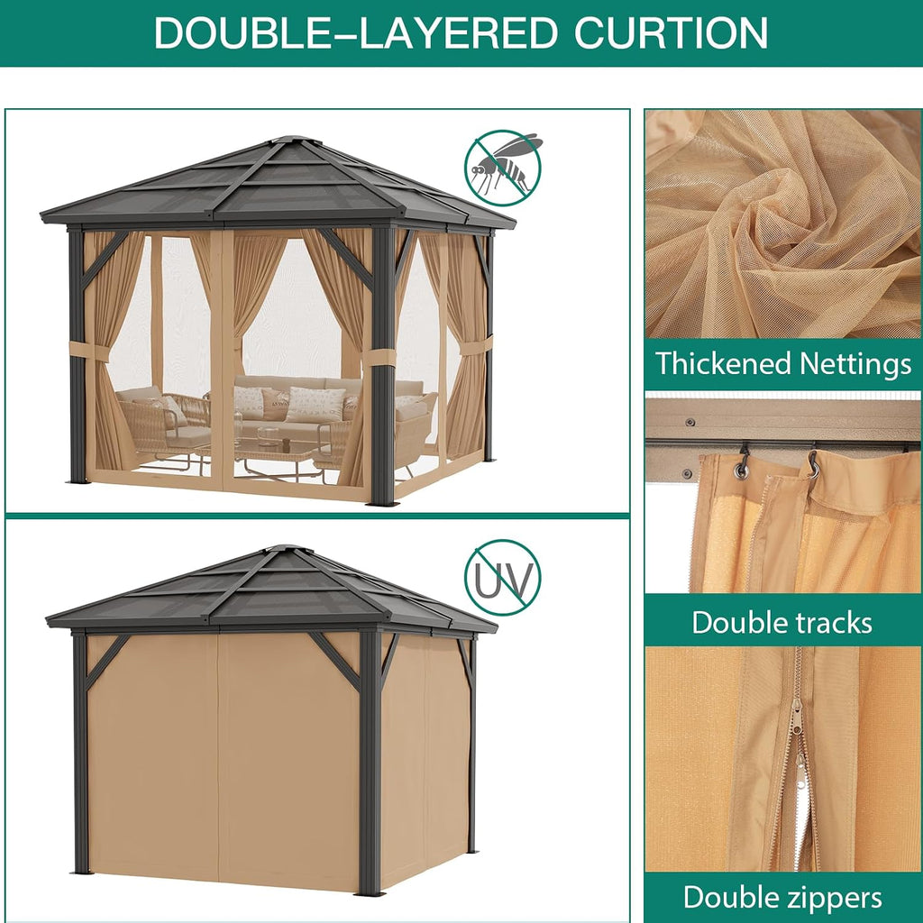 10x12ft Gazebo, Hardtop Outdoor Canopy Aluminum Frame Permanent Gazebo with Netting and Curtains, Polycarbonate Garden Tent for Patio, Lawn, Backyard, Deck (10'x12')