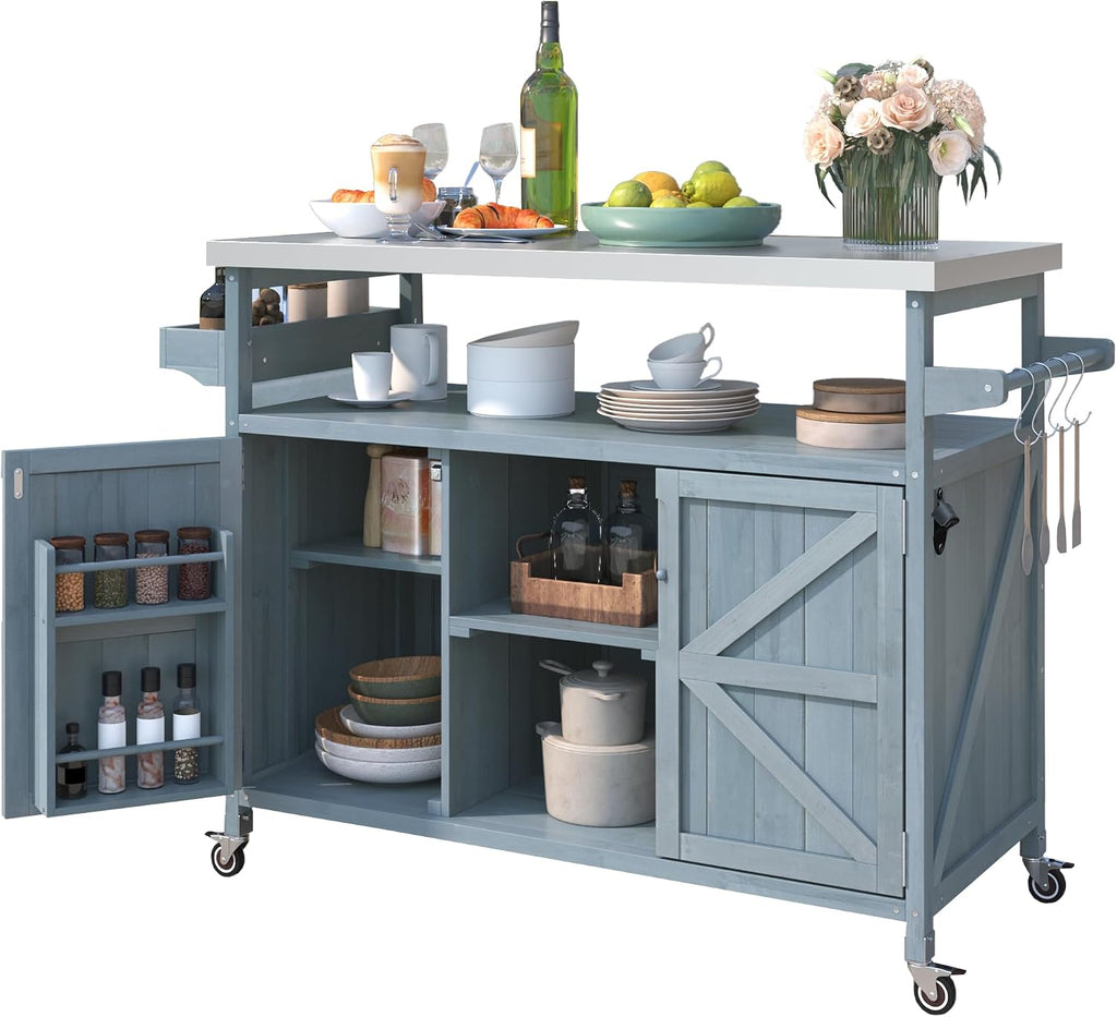 Merax Outdoor Kitchen Island, Rolling Bar Cart & Storage Cabinet, Farmhouse Solid Wood Outdoor Grill Table with Stainless Steel Top, Spice Rack, Towel Rack for Kitchen & BBQ, Grey Blue