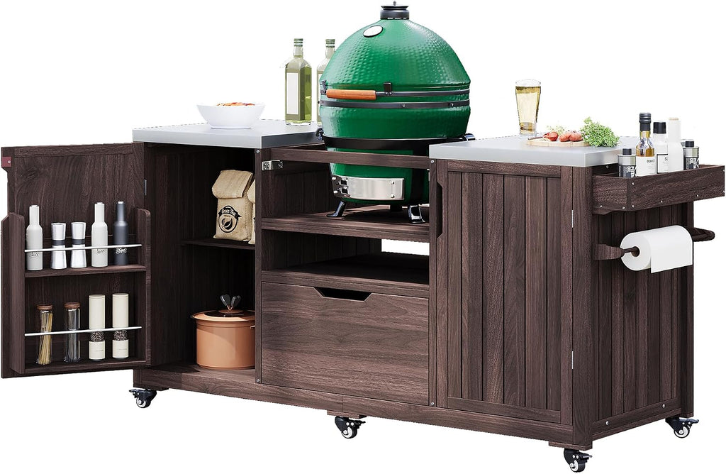 66.5' Large Outdoor Kitchen Island for Big Green Egg Grill, Outdoor Patio Bar Table with Stainless Steel Top and Adjustable Shelf, Rolling Grill Table Cart for Outside, Kitchen, BBQ, Dark Brown