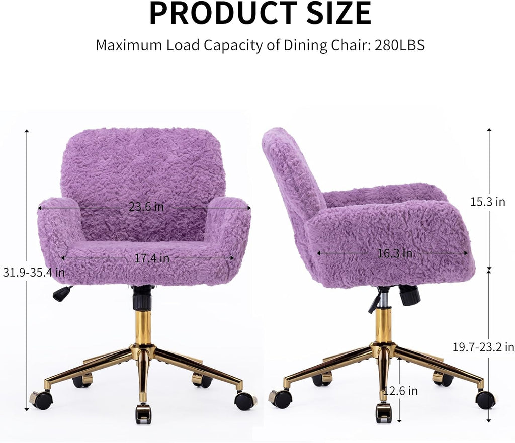 Shenyon Faux Fur Makeup Vanity Chair, Comfy Fuzzy Home Office Desk Chair with Wheels & Gold Base, Upholstered Adjustable Swivel Office Chair for Teens Girls Women Home Office, Violet
