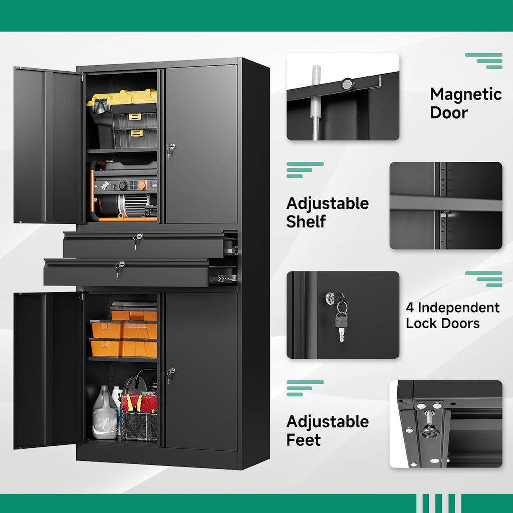 Letaya Metal Garage Storage Cabinet,71' Heavy Duty Steel Tool Cabinet with 4 Door Lock-Adjustable Shelves and 2 Drawer for Garage Home Office Utility Room (Black)