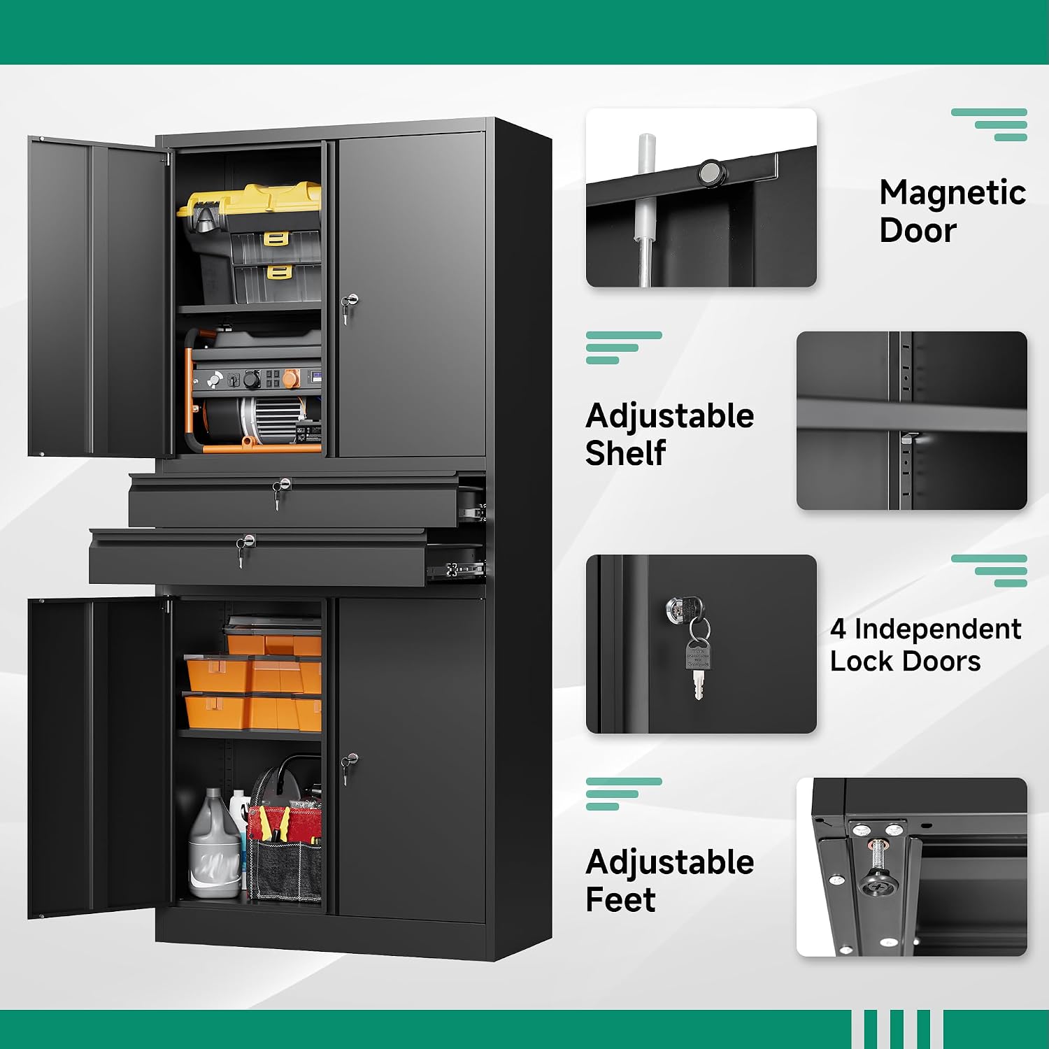 Letaya Metal Garage Storage Cabinet,71' Heavy Duty Steel Tool Cabinet with 4 Door Lock-Adjustable Shelves and 2 Drawer for Garage Home Office Utility Room (Black)
