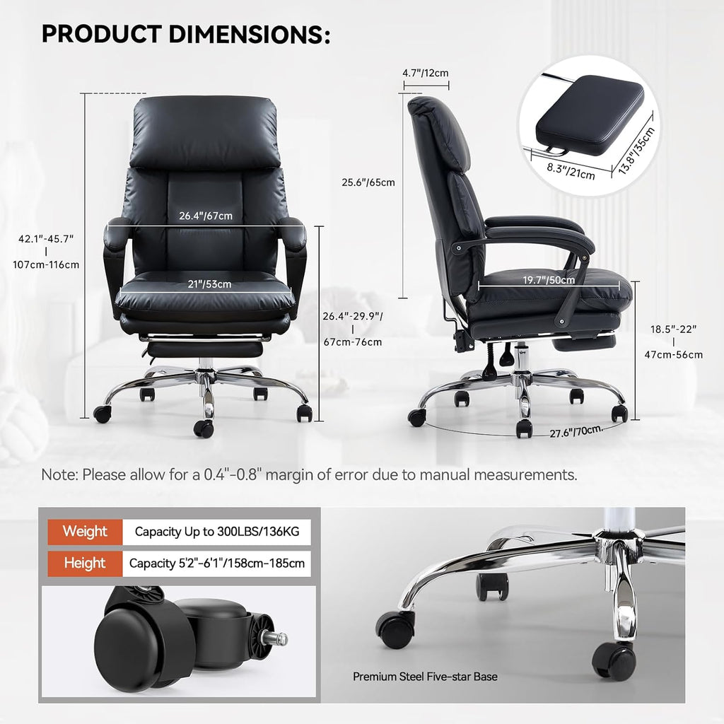 EMIAH Heated and Massage Office Chair with Foot Rest, Executive Office Chair Reclining High Back PU Leather Comfy Swivel Computer Desk Chairs with Wheels and Lumbar Support for Home Office，Black