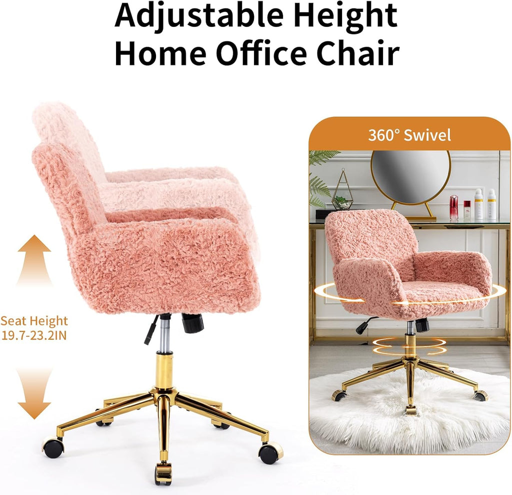 Shenyon Pink Desk Chair Faux Fur Vanity Chair, Comfortable Home Office Chair with Wheels for Women, Swivel Wide Office Chair Makeup Chair Height Adjustable for Office, Study, Bedroom, Pink