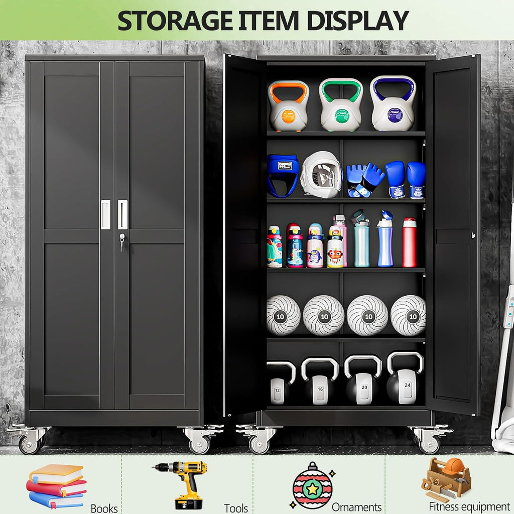 Metal Garage Storage Cabinets and storage system, 71'Tall Rolling utility cabinet with Wheels, Lock, 4 Adjustable Shelves, Heavy Duty Steel Tool Locker for Home Office, Utility Room, Gym,Black