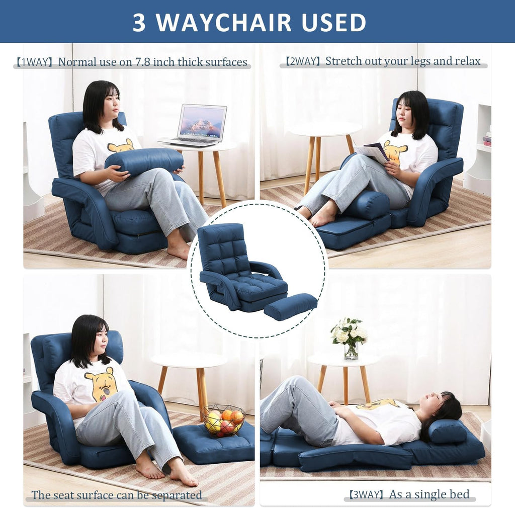 Floor Chair, Floor Gaming Chair with 14 Adjustable Position&Back Support, Folding Lounge Chair with Armrest for Adults, Lazy Sofa Lounger with Comfy Cushion for Living Room,Bedroom,PU,Blue