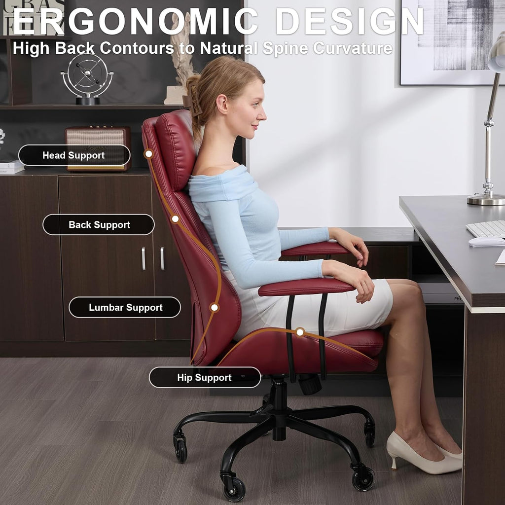 E-Motie Office Chair, Leather Desk Chair with Rubber Wheels, Ergonomic Computer Chair 500 LBS with Lumbar Support, High Back Executive Chair for Modern Home Office, Red