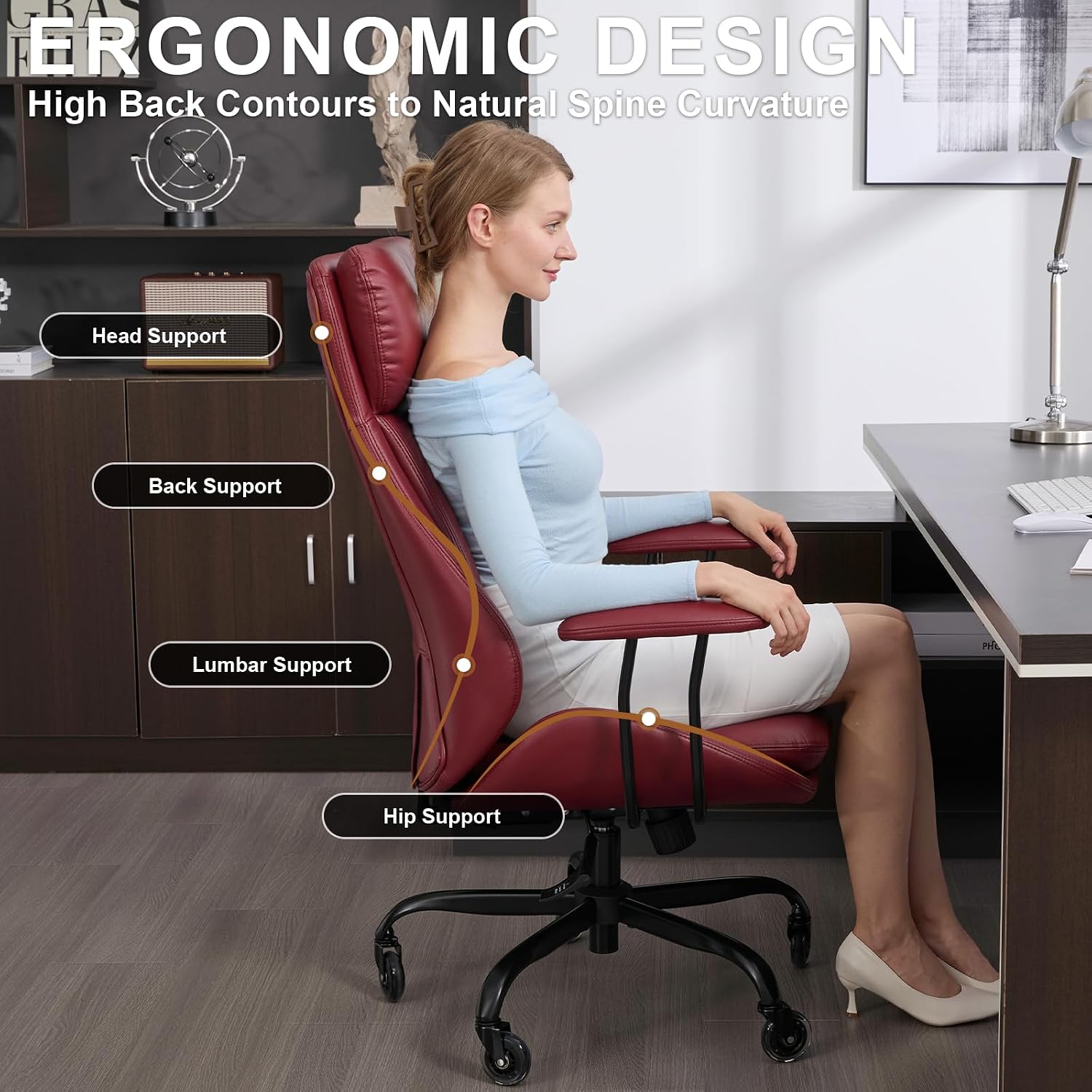 E-Motie Office Chair, Leather Desk Chair with Rubber Wheels, Ergonomic Computer Chair 500 LBS with Lumbar Support, High Back Executive Chair for Modern Home Office, Red