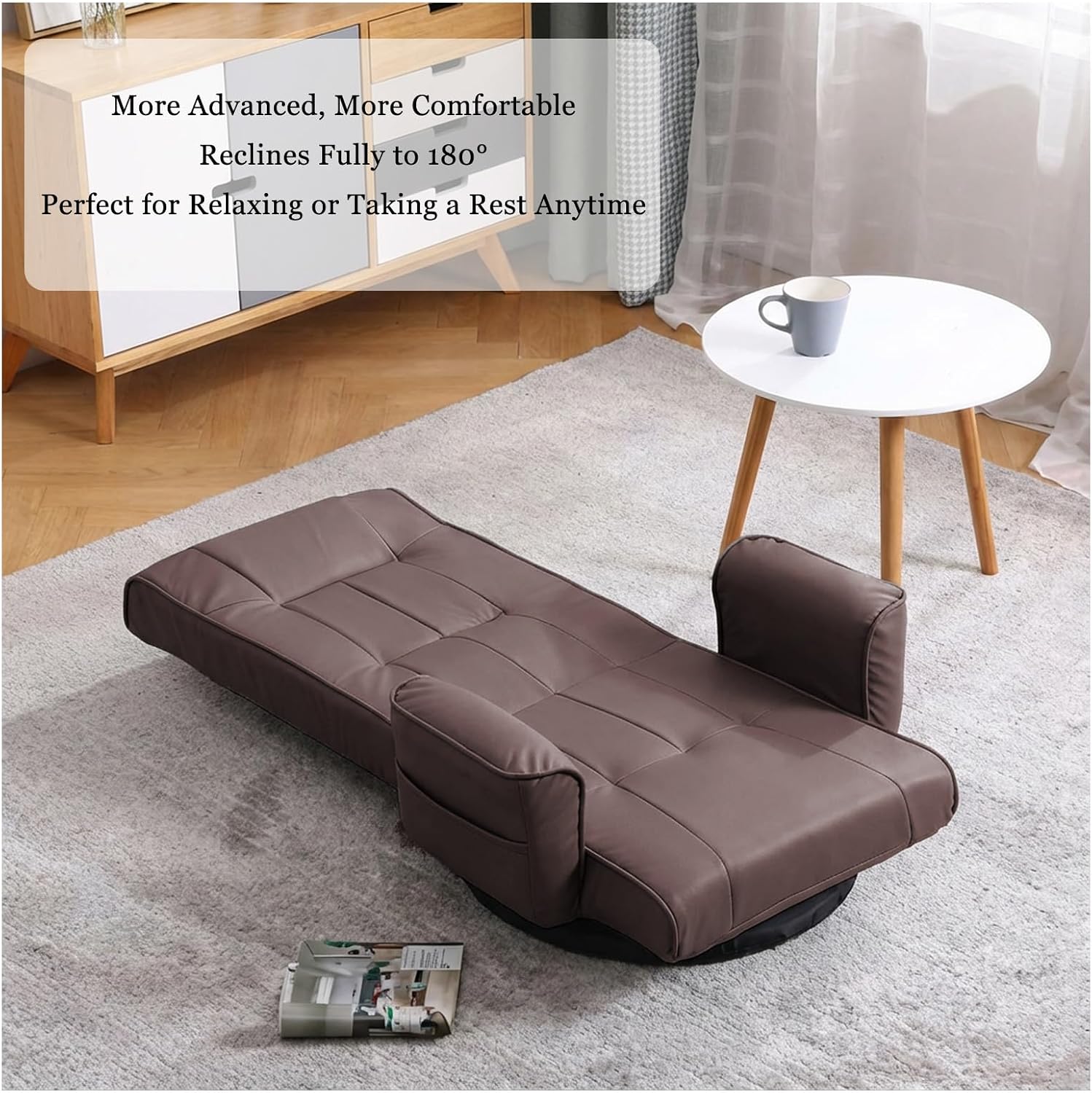 360° Swivel Floor Chair with Armrests, 14-Position Adjustable Floor Lounger for Adults, Folding Padded Floor Seat with Backrest for Gaming, Reading & Living Room (Brown)