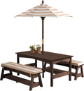KidKraft Outdoor Wooden Table & Bench Set with Cushions and Umbrella, Kids Backyard Furniture, Espresso with Oatmeal and White Stripe Fabric