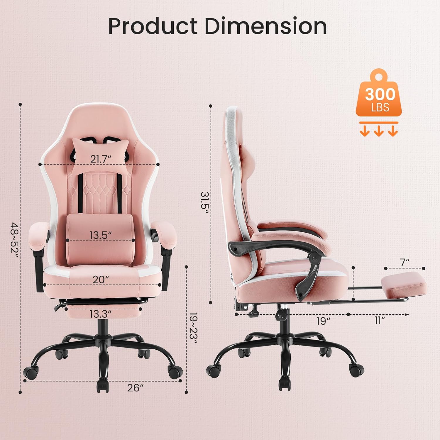 Sweetcrispy Video Gaming Chair - Ergonomic Desk Chair with Footrest and Lumbar Support, Height Adjustable High Back Task Chair with Linkage Armrests and Headrest, 360° Wheels, Pink