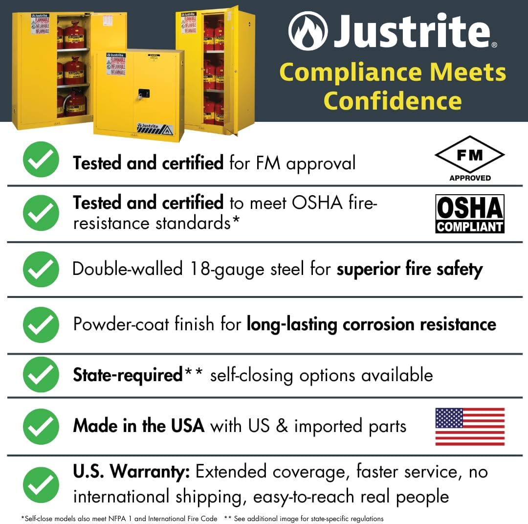 Justrite 17 Gallon Manual Close Piggyback Flammable Storage Cabinet, 18 Gauge Steel, 1 Shelf, 2 Door Fire Cabinet, 24' x 43' x 18', Made in The USA, Yellow, 891700
