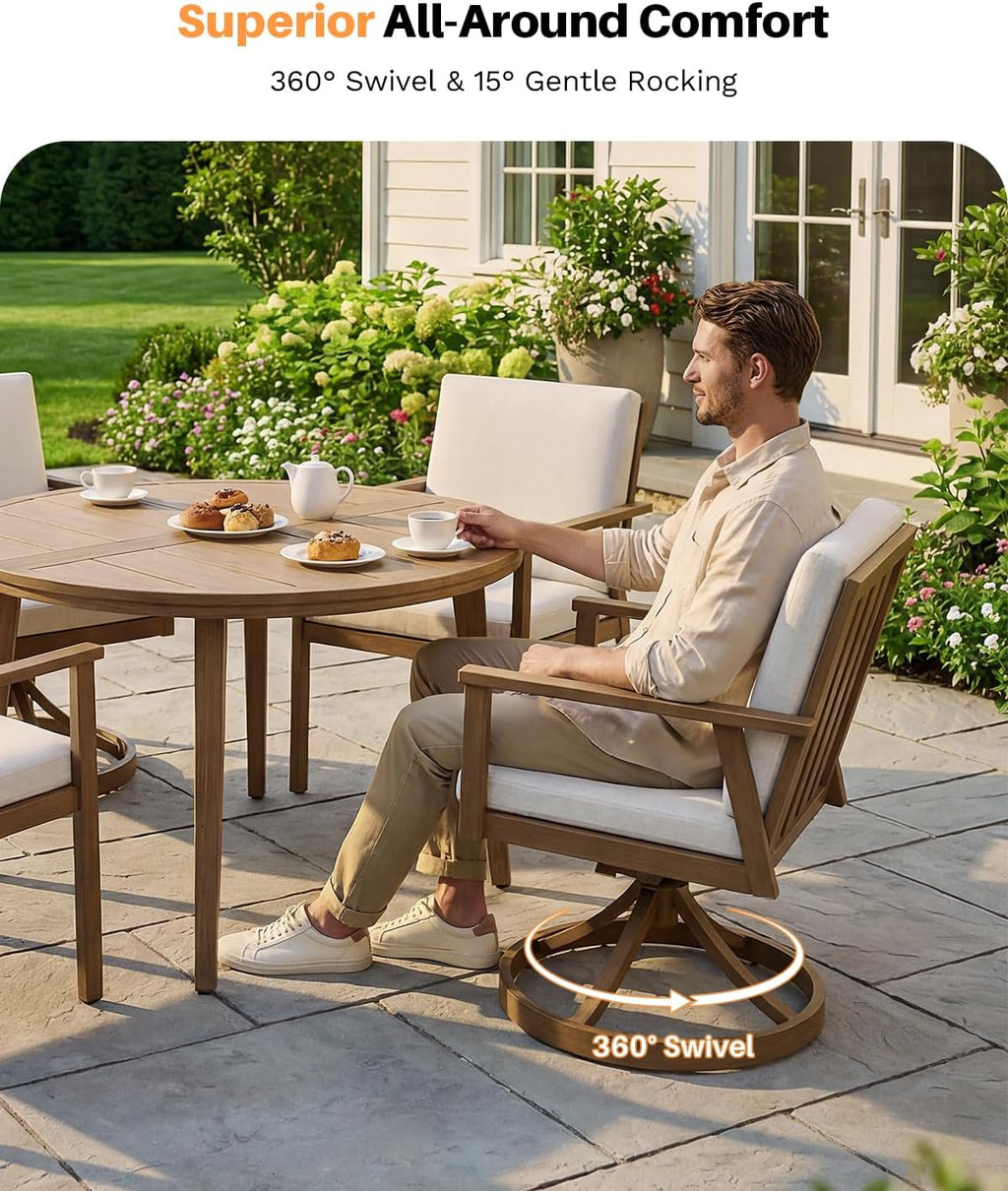 5-Piece Round Outdoor Dining Set, Never-Rust Aluminum Outdoor Table and Chairs Set, 41' Round Dining Table with 2 Swivel Dining Chairs, Modern Patio Dining Set for Garden, Deck, Yard, Teak